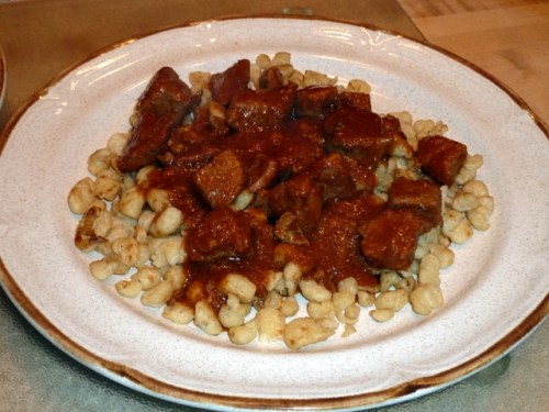 Spaetzle with chili colorado con puerco