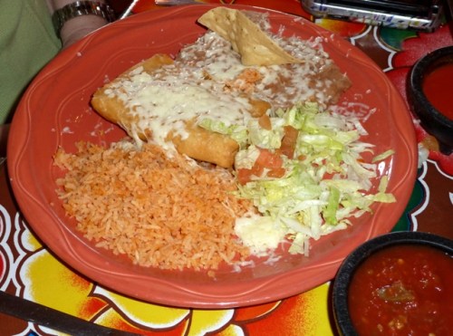 Ursula's Chimichanga with Mexican Rice and Frijoles (refried beans)