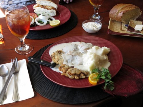 Chicken-Fried Steak, Mashed Potatoes, and Cream Gravy