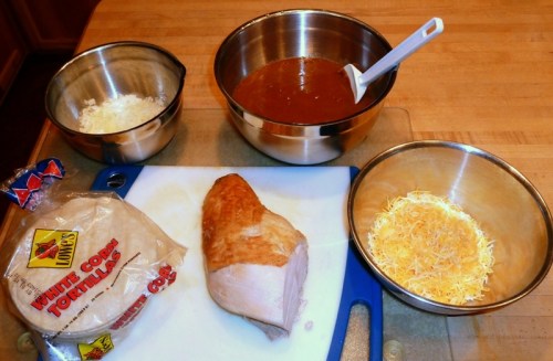Turkey breast, enchilada sauce, onion, corn tortillas, cheese