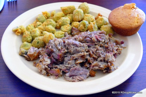 Smoked Pulled Pork, Fried Okra (is there any other kind?), and Fresh Cornbread